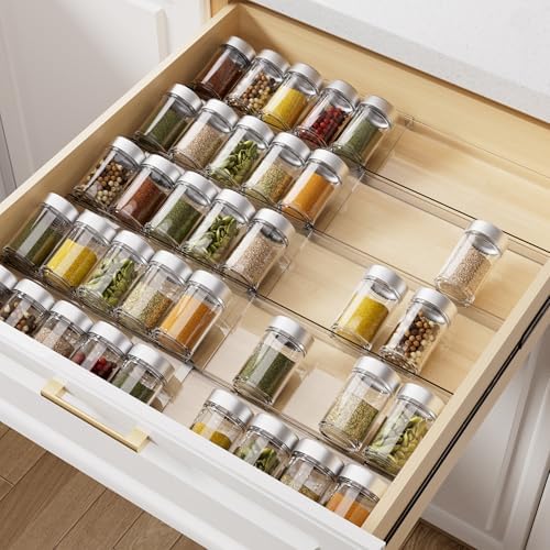 MIUKAA Acrylic Spice Drawer Organizer, 5 Tier - 10 Pack Seasoning Organizer for Drawer, Expandable From 13" to 26" Kitchen Drawer Spice Rack (Jars not Included)