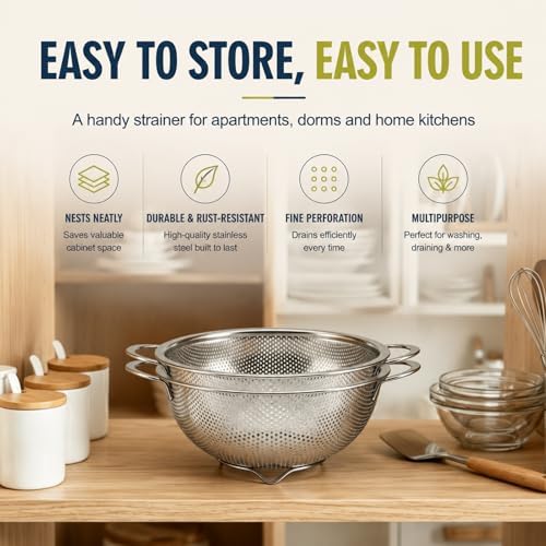 Palksky Small Colander Set of 2, 800 mL / 0.85 Qt Stainless Steel Mini Colanders with Riveted Handles, Footed Base & Micro-Perforations, Berry Wash Bowl for Berries, Fruits, Vegetables & Pasta