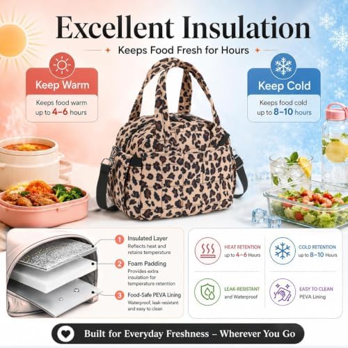 CAMTOP Lunch Box for Women Men Insulated Lunch Bag Lunch Tote Bag Leakproof Thermal Cooler Large Capacity for Travel Work School Picnic (Leopard Khaki Plaid, Medium)
