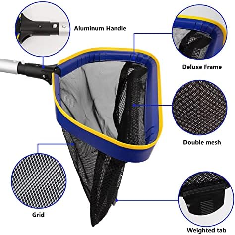 Poolvio Pool Deep Skimmer Net with 3ft - 10ft 1.0mm Thick Adjustable Aluminum Pole & Fine Mesh Bag Leaf Skimmer Rake Net for Above Ground & Inground Swimming Pools, Removes All Debris