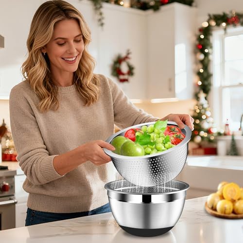 DUTZUN Kitchen Appliances, Large Mixing Bowls with Lids Set & Colander