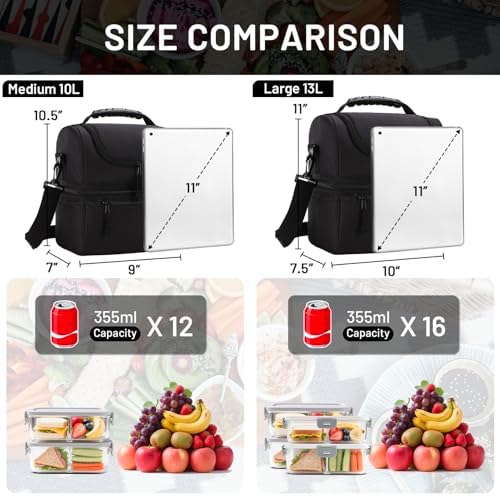 MIER Adult Lunch Box Insulated Lunch Bag Large Cooler Tote Bag for Men, Women, Double Deck Cooler(Black Large)