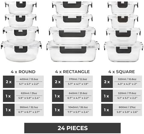 Freshware Glass StorageContainers with Lids, 24 Pieces, 12 Containers with 12 Lids, Glass Meal Prep Container for Lunch, Food StorageContainers, Leak Proof, Freezer Safe, Gray, (Pack of 2)