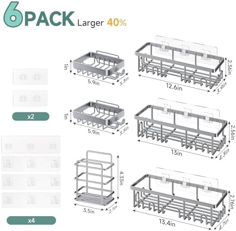 Veken Shower Caddy 6-Pack, No Drilling & Rustproof, Waterproof Adhesive Shelves Rack with Soap Holder, Large Capacity Bathroom Organizers and Storage, Wall-Mounted Kitchen & Home Decor, Bright Silver