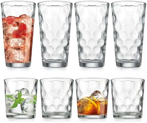 Home Essentials & Beyond Glassware Drinking Glasses Set Of 8 4 Highball (17 oz.) Kitchen Glasses | 4 (13 oz.) Rocks Glass Cups for Water, Juice and Cocktails.