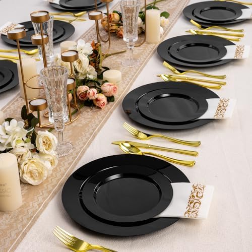Goodluck 200PCS Black Plastic Plates, Heavy Duty Disposable Black Plates