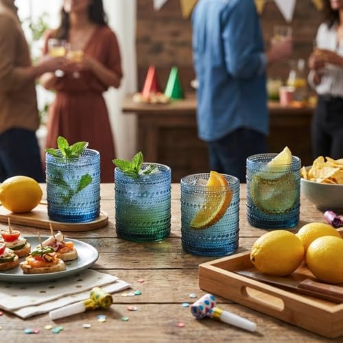 Moretoes 10oz Blue Hobnail Drinking Glasses Set of 6 Cocktail Glasses