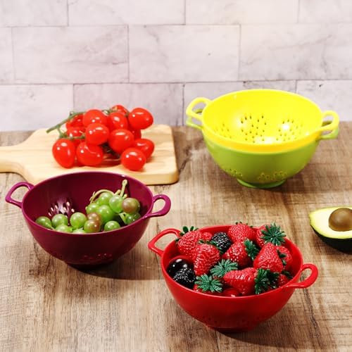 Baderke 4 Pack Mini Colander for Kitchen Plastic Berry Strainer with Double Handles 7.5 x 6 x 3 Inch Small Colander Strainer for Fruits Vegetables Food (Lemon Yellow,Green,Purple,Red)