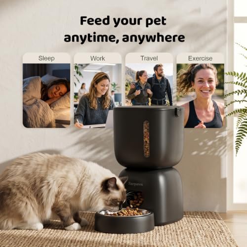 SARPAWS Automatic Cat Feeder, 3L Timed Pet Food Dispenser with 304 Stainless Steel Bowl, 10s Voice Recorder, Dual Power 180-Day Battery Life, Anti-Clogging Auto Pet Feeder for Small Cats and Dogs