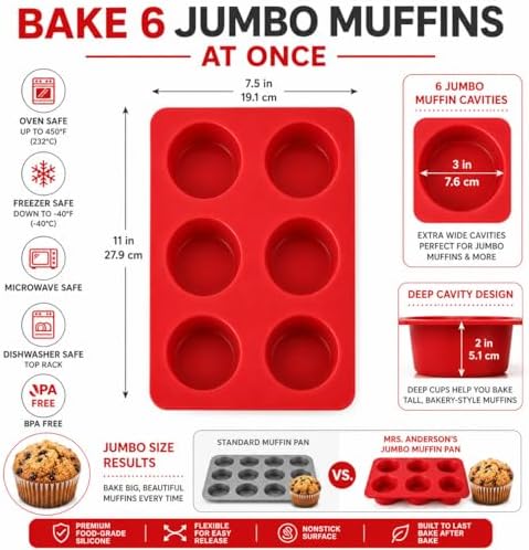 Mrs. Anderson's Baking Silicone 6-Cup Jumbo Muffin Pan, Non-Stick European-Grade Silicone