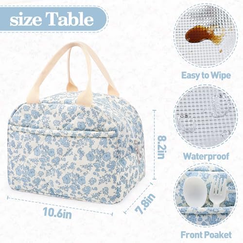 Cotton Quilted Insulated Lunch Bag, Reusable Quilted Floral Lunch Tote Bags