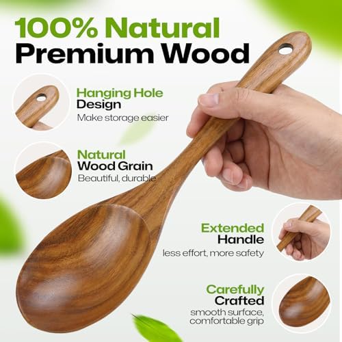 AIUHI Teak Wooden Salad Spoon, Durable Wooden Serving Spoon, Nonstick-Safe Wooden Utensil for Mixing, Frying & Serving