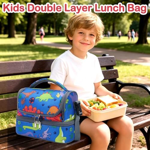 FlowFly Kids Double Decker Cooler Insulated Lunch Bag Large Tote for Boys, Girls, Men, Women, With Adjustable Strap, Dinosaur