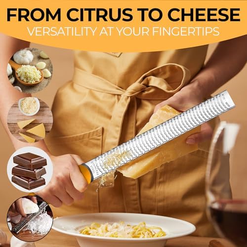 Orblue Lemon Zester & Cheese Grater - Premium Citrus Zester, Kitchen Grater for Parmesan, Chocolate, Fruits, Vegetables, Ginger, Garlic, Nutmeg - Stainless Steel Blades with Protective Cover, Orange