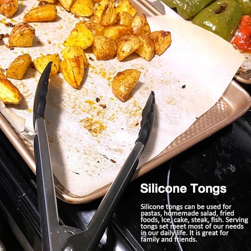 9 Inch Kitchen Tongs with Silicone Tips Set of 3(Black)