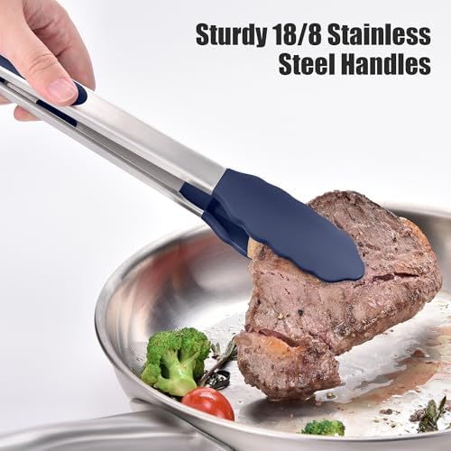 Doosu Kitchen Tongs with Silicone Tips for Cooking Serving (9+12in, Navy)