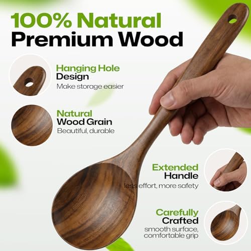 AIUHI Teak Wood Mixing Spoon, 12.6" Long Wooden Spoon for Cooking, Non-Stick Safe Wooden Mixing Spoon with Hanging Hole, Ideal for Stirring Sauces & Mixing Batters