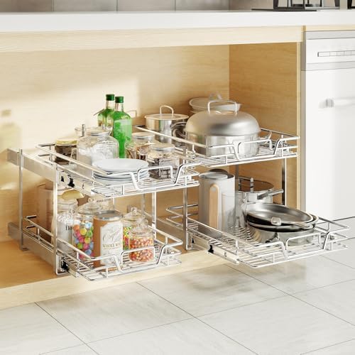 2-Tier Kitchen Cabinet Pull Out Shelf and Drawer Organizer Slide Out Pantry Storaqe Basket in Multiple Sizes (21" W x 21" D,)