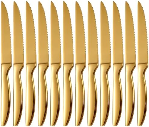 Gold Steak Knives Set of 12, Dishwasher Safe Kitchen Serrated Steak Knives