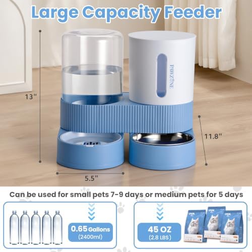 Automatic Cat Feeder Stainless Steel Water Dispenser Gravity Food Feeder and Waterer Set with Pet Food Bowl for Small Medium Kitten Puppy Pets Large Capacity(Blue)