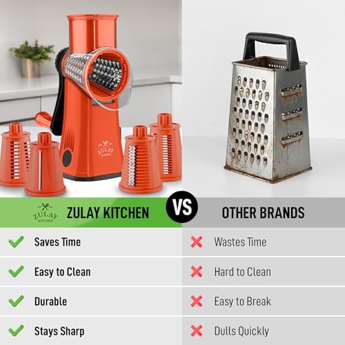 Rotary Cheese Grater Manual Hand Crank 5 Blade Shredder, Orange & Black