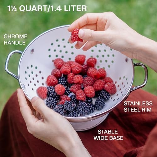 Reston Lloyd, 1.5 Quart Powder Coated Steel Kitchen Strainer Basket for draining Pasta, Vegetable and Fruit, Chrome Handles and Wide Stable Base, Red