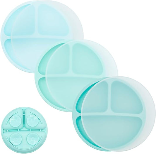 WeeSprout Suction Plates for Babies With Lids & Toddlers - 100% Silicone, Dinnerware Stays Put, Divided Design for Picky Eaters, Microwave & Dishwasher Friendly, 3 Pack