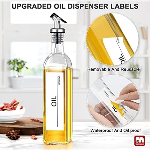 gmisun Olive Oil Dispenser Bottle for Kitchen, 3 Pack 17 Fl Oz Glass Oil Dispensers Bottles, Clear Cooking Vegetable Oil Dispenser Container Cruet Set with Plastic Pourer Spout, Funnel and Labels
