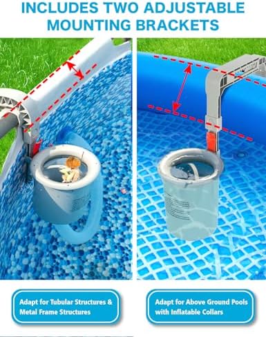 Above Ground Pool Skimmer with 5 Skimmer Socks, Wall Mount Surface Skimmer with Basket for Intex, Tubular, Metal Frame & Inflatable Pools, Adjustable Floating Filter - Auto Removes Leaves & Debris