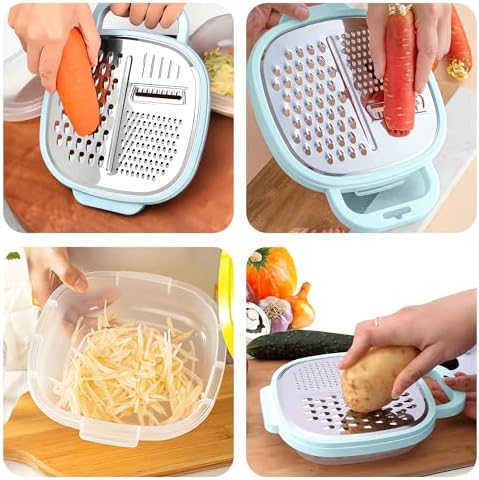 3 in 1 Vegetable Slicer with Storage Box, Stainless Steel Cheese Box Grater, Food Chopper, Wave Cutter, Kitchen Multi-Purpose Grater for Potatoes, Carrots, Zucchini, Onions... (Light Blue)