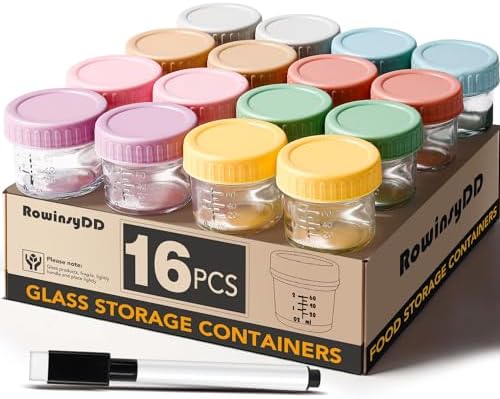 RowinsyDD 16 Pack Baby Food Containers, 4 oz Glass Baby Food Jars with Lids