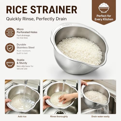 Palksky Rice Strainer & Rice Washing Bowl Stainless Steel - 5.6 Qt Professional Fine Mesh Rice Washer for Kitchen - Heavy Duty Rice Rinser, Cleaner & Drainer Colander for Quinoa, Grains & Fruit