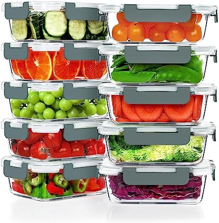VERONES 10 PACK 22 OZ Glass Meal Prep Containers Set with Lids, Grey