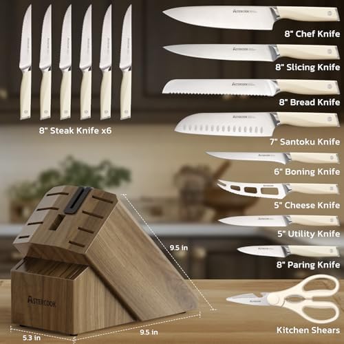 Astercook Knife Set Kitchen with Block and Sharpener Premium Full Tang 17 Pcs German Stainless Steel Knives Dishwasher Safe Kitchen Utensils Set with with and Anti-slip Ergonomic Handle, Cream White