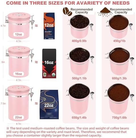 ShanSon Coffee Canister Airtight, Stainless Steel Bean Storage Container with Date Tracker & Scoop, Grounds Sugar Flour Tea Cereal Fits Kitchen Pantry, Ideal Gift for Coffee Lovers,12oz, Pink