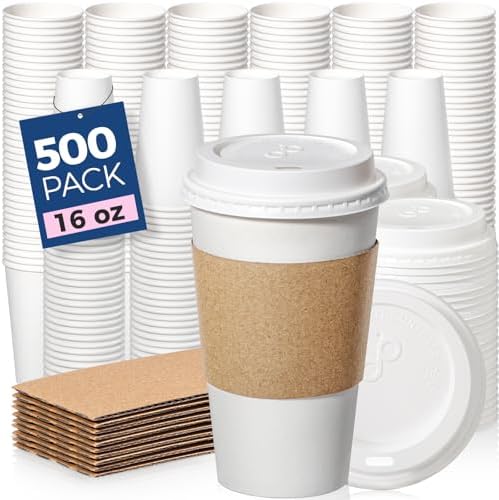 Fit Meal Prep 500 Pack 16 oz Disposable Coffee Cups with Lids, Sleeves, Leak-Proof To Go Coffee Cups with Lids, Durable Hot Paper Cups for Home, Office, Party, Business