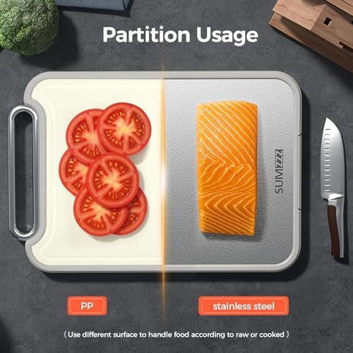 Sumzzz Stainless Steel Cutting Board for Kitchen, 2-in-1 Double-Sided Chopping Board, 304 Stainless Steel/Food Grade PP (Silver, Set of 2(S+M))