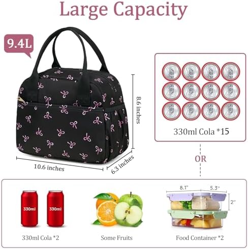 CAMTOP Lunch Box for Women Men Insulated Lunch Bag Lunch Tote Bag Leakproof Thermal Cooler Large Capacity for Travel Work School Picnic (Black Pink Bow)