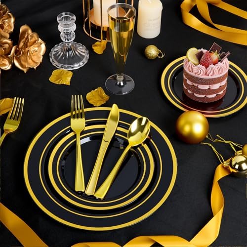 BESTVIP 100PCS Black Plastic Plate with Gold Rim