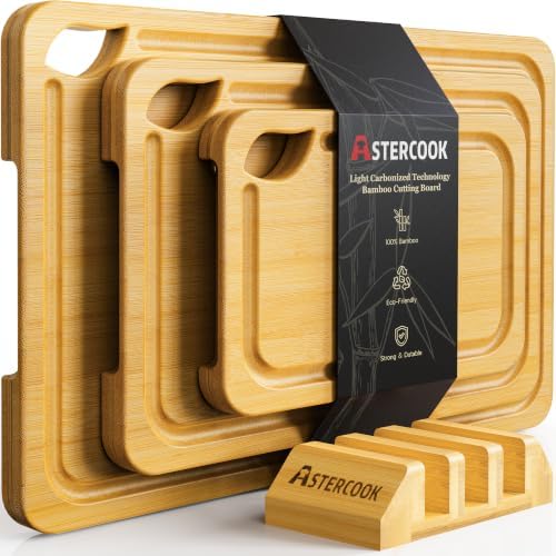 Astercook Nature Bamboo Cutting Boards for Kitchen with Wood Storage Stand, Reversible Charcuterie & Chopping Boards with Juice Grooves and Easy-Grip Handles