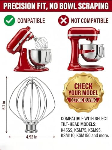 K45WW Wire Whip for KitchenAid Tilt-Head Mixer,6-Wire Whisk Attachment Replacement for 4.5QT/5QT Models K45SS KSM110 KSM75 KSM90 KSM100, Aluminum Head with Stainless Steel Wires, Hand Wash Only