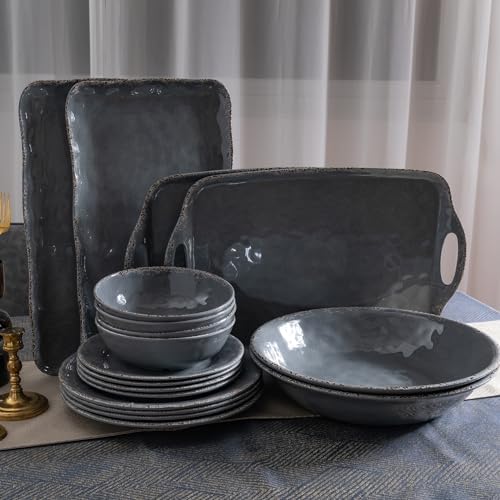 Large Vintage Melamine Serving Platter, Set of 2, 17x10 Inch Melamine Rectangular Serving Platter and Trays .Cool Gray