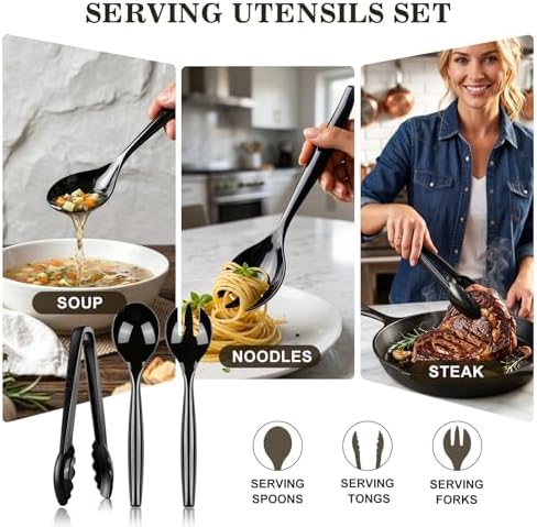 24 Pcs Disposable Black Plastic Serving Utensils,8 Set Including 9.72" Plastic Serving Spoons, Forks and 8.46" Tongs, for Dinner Parties, Buffets,Banquets, Events, Weddings, and Daily Use