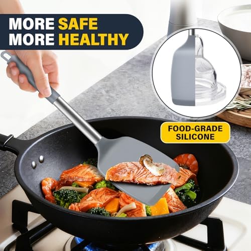 2 Pack Silicone Spatula Set, Solid & Slotted Turner for Non-Stick Pans, High Heat Resistant Silicone Spatula for Cooking, BPA-Free Stainless Steel Cooking Utensils for Fish, Eggs, Pancakes, Gray