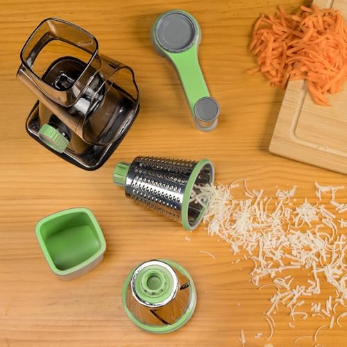 Badelite Cheese Grater Hand Crank Rotating Cheese Shredder Stainless Steel Vegetable Slicer Grater for Kitchen 3 Blades for Cheese, Carrot, Cucumber, Nuts, Chocolate, Green