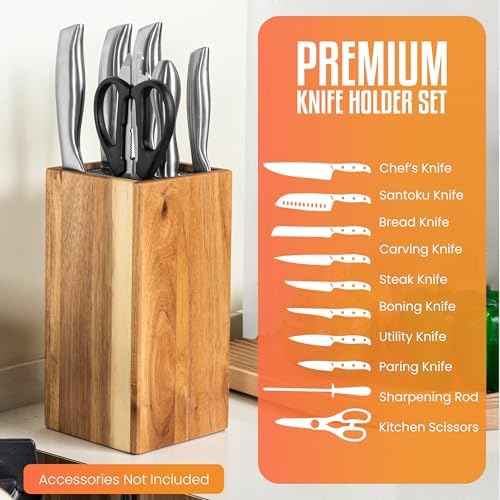 Acacia Wood Angled Knife Block with Multi-Purpose Holder – Universal Kitchen Knife Storage with Removable Bristle Insert (Honey brown, regular medium)