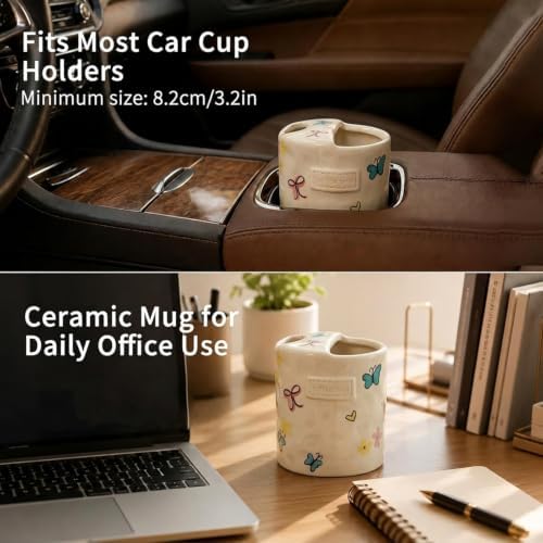 Ceramic Travel Mug with Half Lid, Handmade Butterfly Pottery Mug