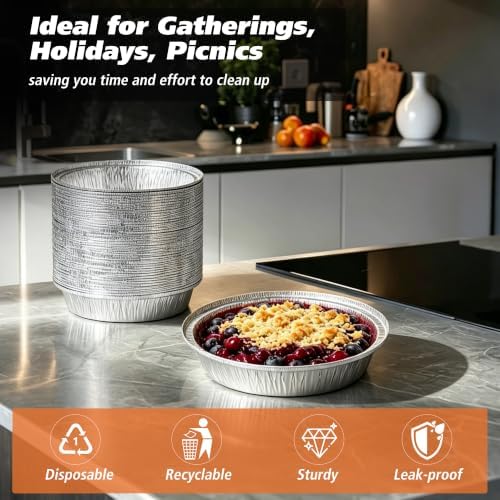 50 Pack 8" Round Aluminum Pans Pie Tins - Disposable Foil Baking Pans for Pies, Pot Pies, Quiche, Tarts and Casseroles, Oven/Freezer Safe Cake Baking Pans