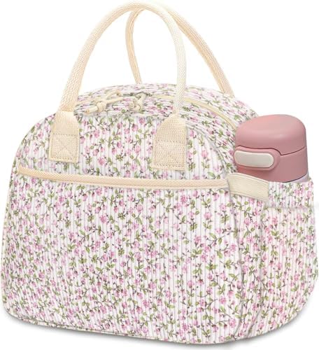 Carry bloom Lunch Box for Women, Insulated Lunch Bag Cute Corduroy Lunchbag Reusable Lunchbox for Work (flower corduroy pink)