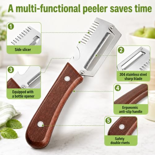 3-in-1 Vegetable Peeler with Scallion Shredder & Bottle Opener, Professional Stainless Steel Potato Peeler with Ergonomic Wood Handle, Rust-Resistant & Heavy Duty Kitchen Tool (2)